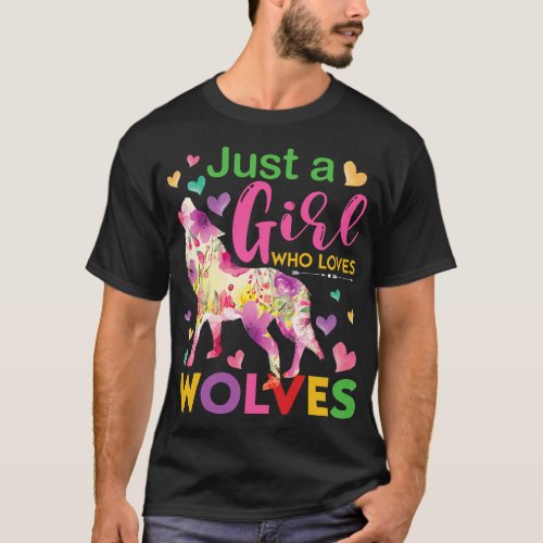 Just a Girl Who Loves Wolves Floral Howling Waterc T_Shirt