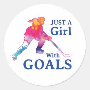 Just a Girl With Goals Hockey Watercolor Classic Round Sticker