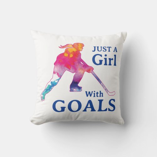Just a Girl With Goals Hockey Watercolor Throw Pillow