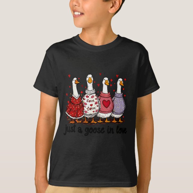 Just A Goose In Love Valentine Funny Goose Men Wom T-Shirt (Front)
