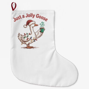 Just a Jolly Goose Christmas Goose Drinking Matcha Large Christmas Stocking
