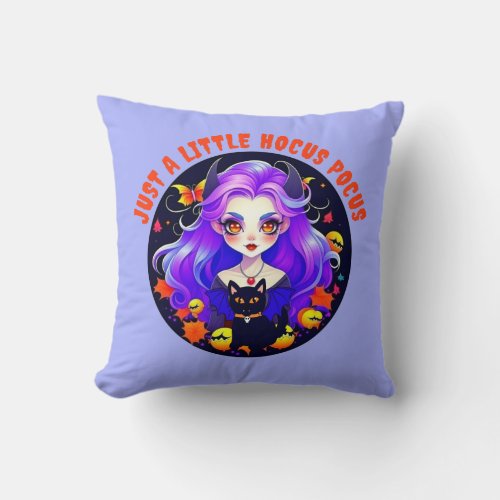 Just a Little Hocus Pocus Cute Witch and Black Cat Throw Pillow