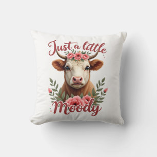Just a Little Moody Vintage Highland Cow Floral Fu Throw Pillow