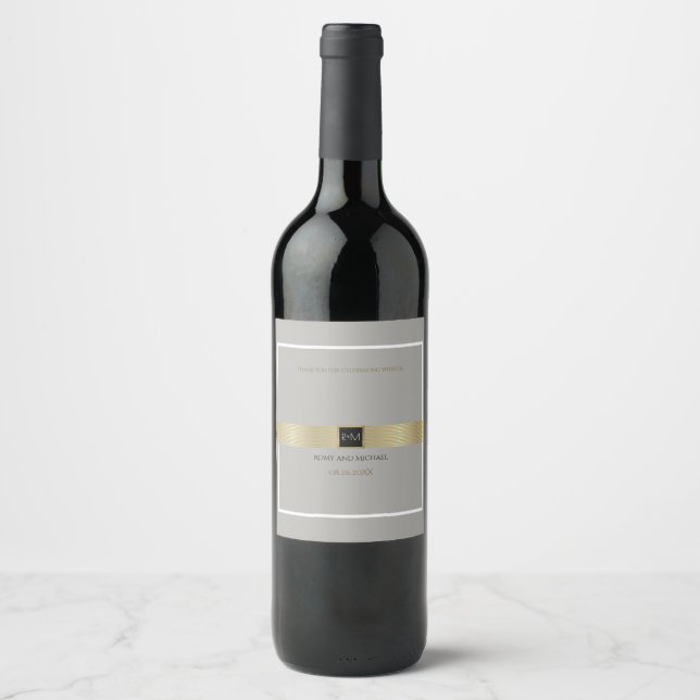 just a simple & elegant wedding monogram on gray wine label (Front)
