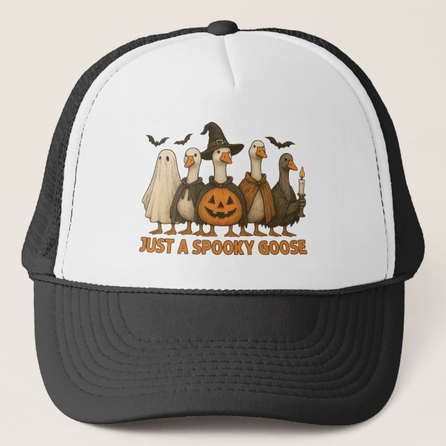 Just A Spooky Goose Halloween For Boy Girl Pumpkin Trucker Hat (Front)