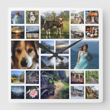 Just Add Photos Custom 24 Picture Collage Square Wall Clock by PartyHearty at Zazzle