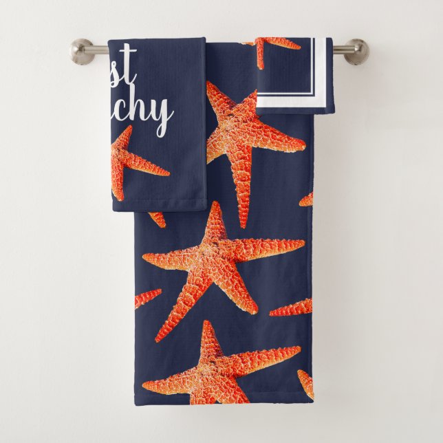 Just Beachy Nautical Red Orange Starfish & Navy Bath Towel Set (Insitu)