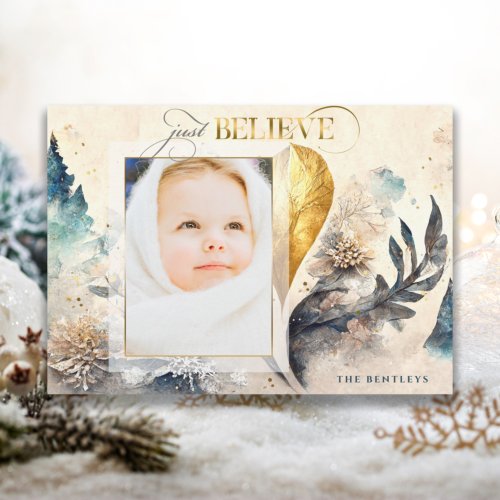 Just Believe Artistic Watercolor Floral Photo Holiday Card