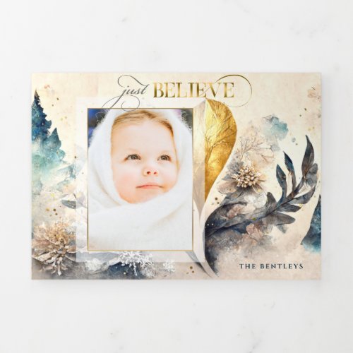 Just Believe Artistic Watercolor Floral Photo Tri_Fold Holiday Card