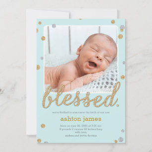 Just Blessed Photo Birth Announcement Blue