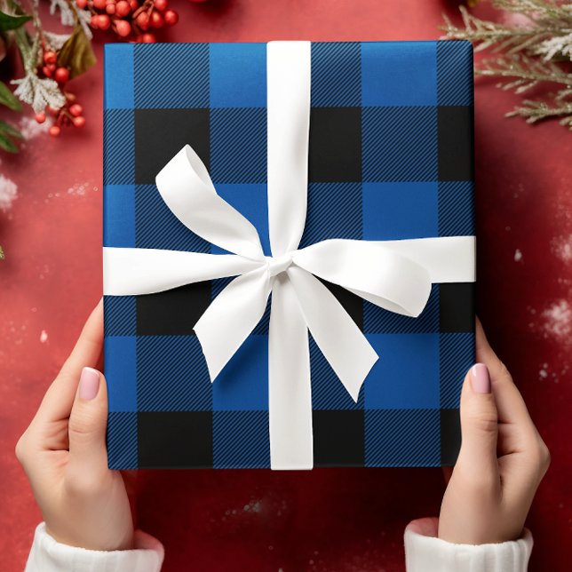 Just Blue and Black Buffalo Plaid Christmas Wrapping Paper Sheets (Blue Buffalo Plaid Gift Wrap)