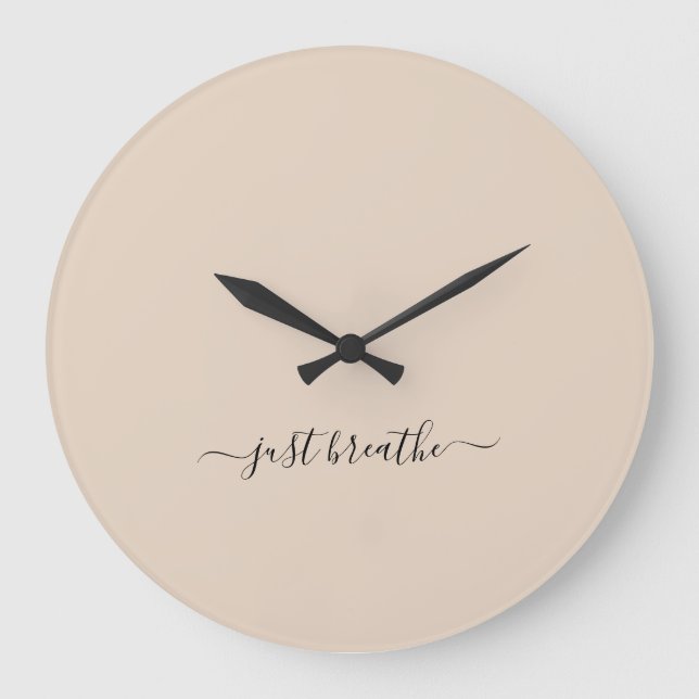 Just breathe beige black elegant script yoga large clock (Front)