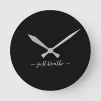 Just breathe black elegant script yoga large clock