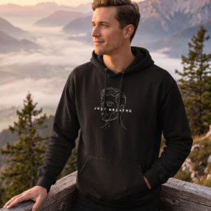 Just Breathe Black Hoodie   Minimalist Line Art