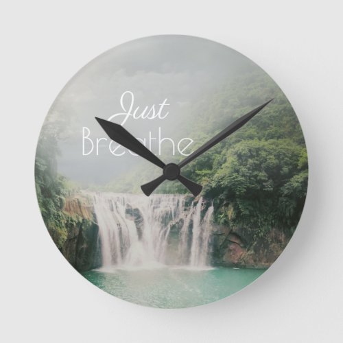 Just Breathe Calming Quote with Waterfall Photo Bl Round Clock