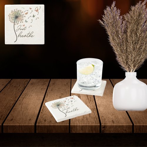 Just Breathe Dandelion with Butterflies Stone Coaster