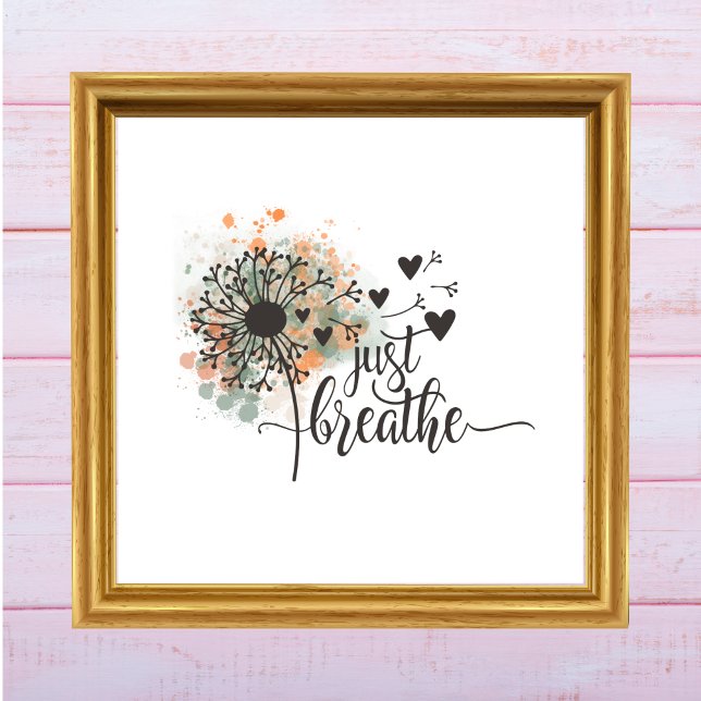Just Breathe Dandelion with Hearts Yoga Encourage Poster (Just Breathe Dandelion Blowing in Wind Yoga Meditation Self Care Watercolor Wall Art Digital or Prin)