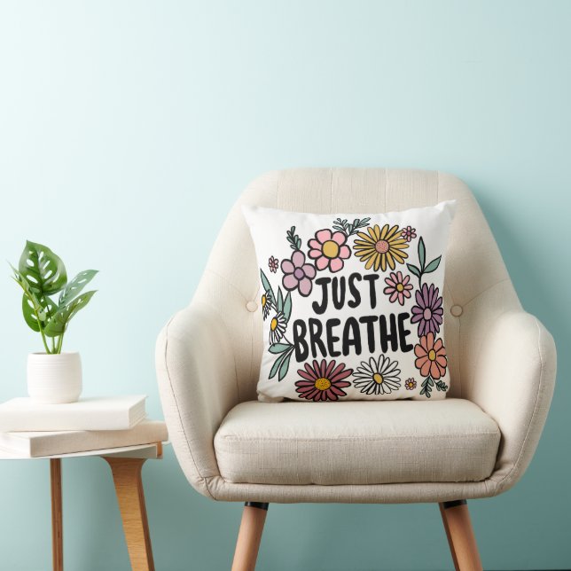 JUST BREATHE Floral Cute Daisy Hand-Drawn Throw Pillow (Chair)