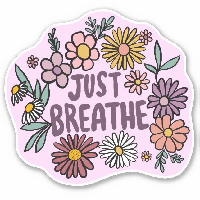 JUST BREATHE Floral Cute Purple Daisy Hand-Drawn Sticker (Front)