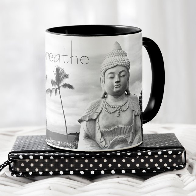 Just Breathe Hawaii Buddha Black White Photo Mug