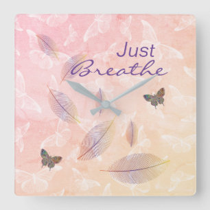 Just Breathe Leaves Butterflies Pastel Square Wall Clock