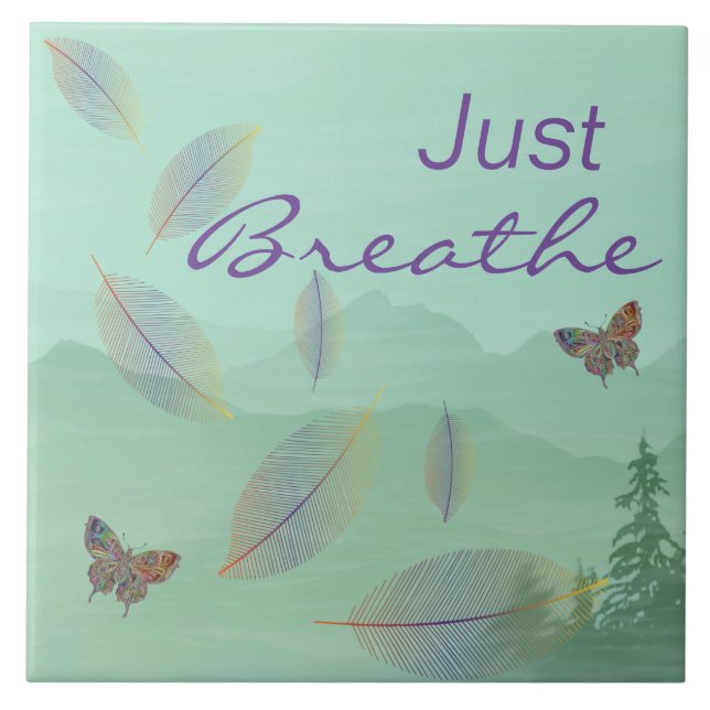 Just Breathe Leaves Butterfly Green Mountain Ceramic Tile (Front)