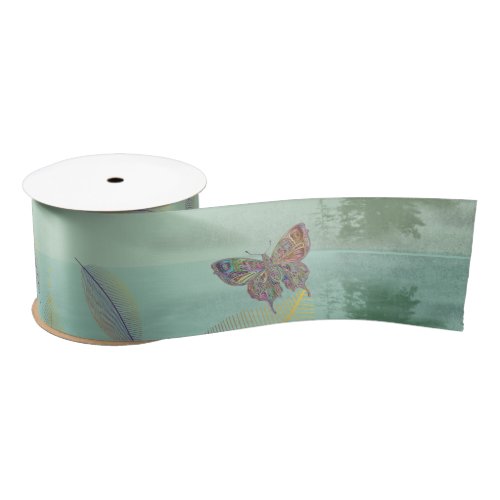 Just Breathe Leaves Butterfly Green Mountain Satin Ribbon