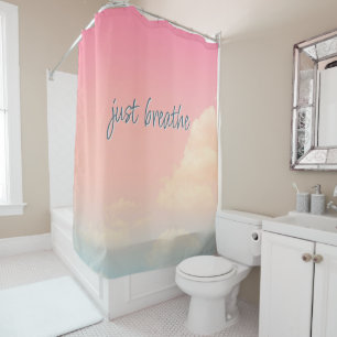 JUST BREATHE Life Quote Pink Sky Clouds Shower Curtain