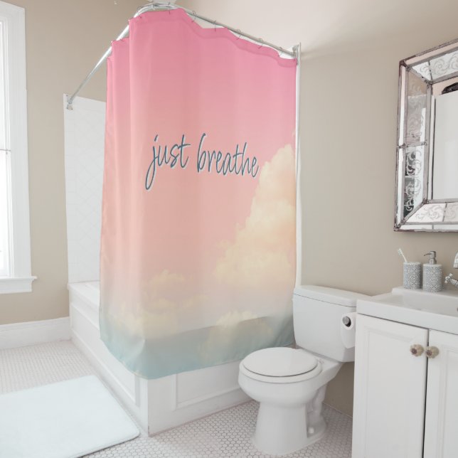 JUST BREATHE Life Quote Pink Sky Clouds Shower Curtain (In Situ)