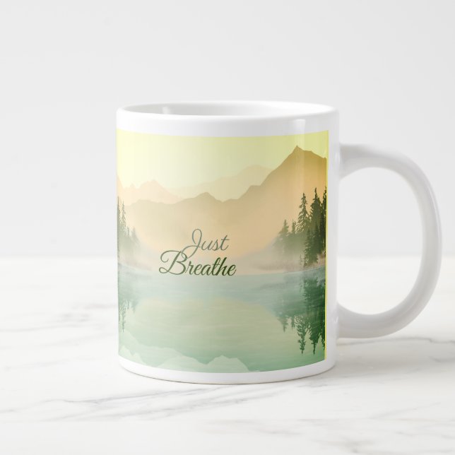 Just Breathe Mountain Forest Gold Green  Giant Coffee Mug (Right)