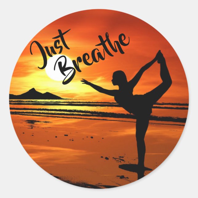 Just Breathe Peaceful Yoga Pose on Beach at Sunset Classic Round Sticker (Front)
