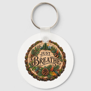 Just Breathe Pine Cone Forest Wood Art Keychain