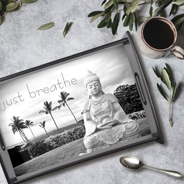 Just Breathe Quote Hawaii Buddha Black White Photo Serving Tray (Creator Uploaded)