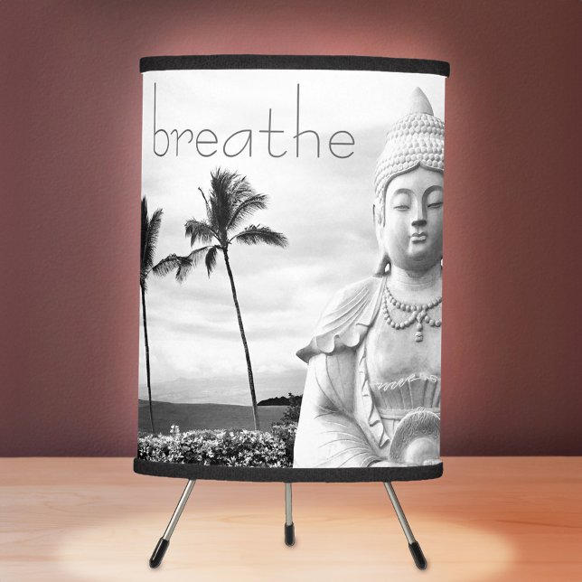 Just Breathe Quote Hawaii Buddha Black White Photo Tripod Lamp (Creator Uploaded)