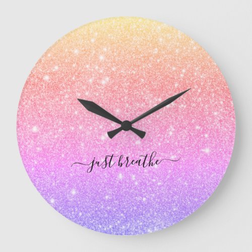 Just breathe rainbow glitter elegant script yoga large clock