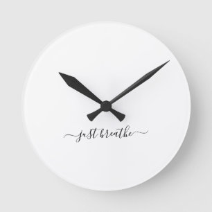 Just breathe simple black script yoga round clock