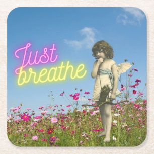 Just Breathe Vintage Angel Altered Art Square Paper Coaster