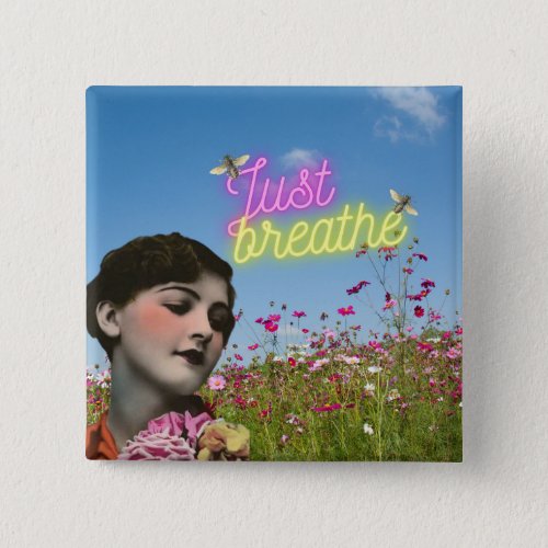 Just Breathe Vintage Woman  Bees Altered Art   Button