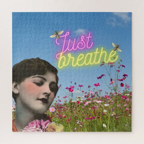 Just Breathe Vintage Woman  Bees Altered Art  Jigsaw Puzzle