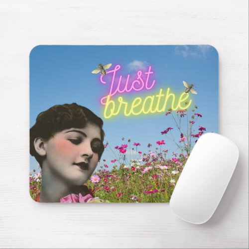 Just Breathe Vintage Woman  Bees Altered Art  Mouse Pad