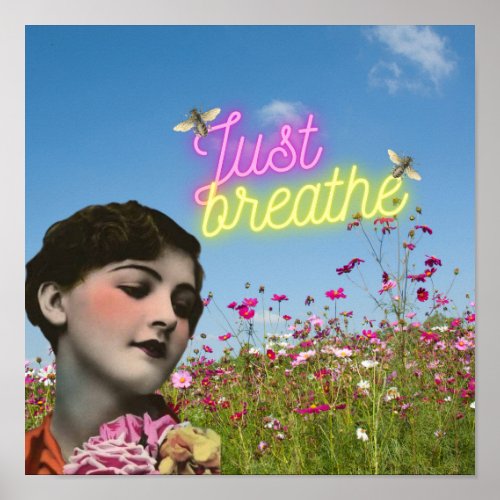 Just Breathe Vintage Woman  Bees Altered Art Poster