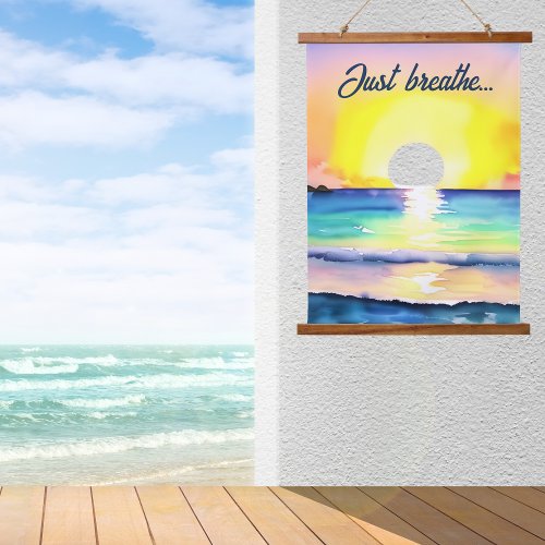 Just Breathe Watercolor Sunset Over the Ocean Hanging Tapestry
