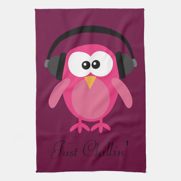 Just Chillin' Cute Pink Cartoon Owl & Headphones Towels