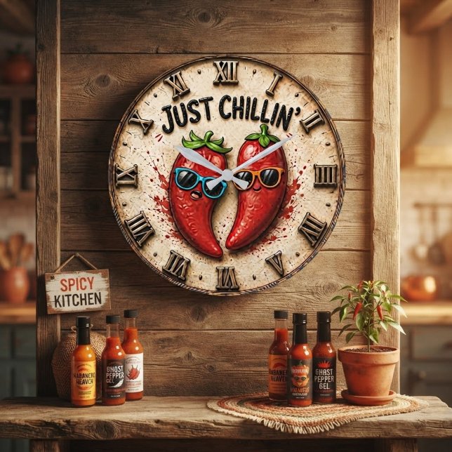 Just Chillin' Funny Chili Pepper Kitchen Humor  Large Clock (Creator Uploaded)