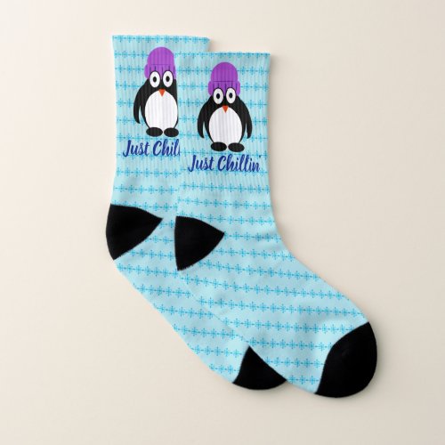 Just Chillin Penguin In Purple Hat Socks