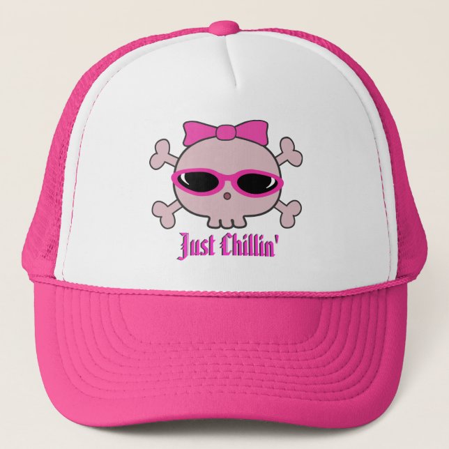 Just Chillin' Pink Cartoon Skull With Sunglasses Trucker Hat (Front)