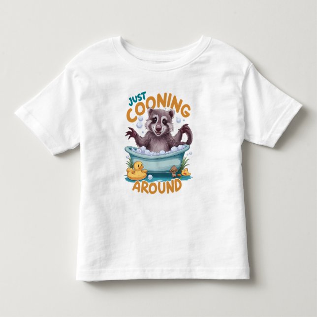 Just Cooning, Playful Raccoon Bath time Adventure Toddler T-shirt (Front)