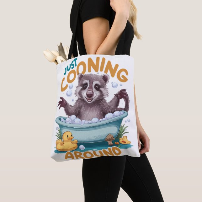 Just Cooning, Playful Raccoon Bath time Adventure Tote Bag (Close Up)