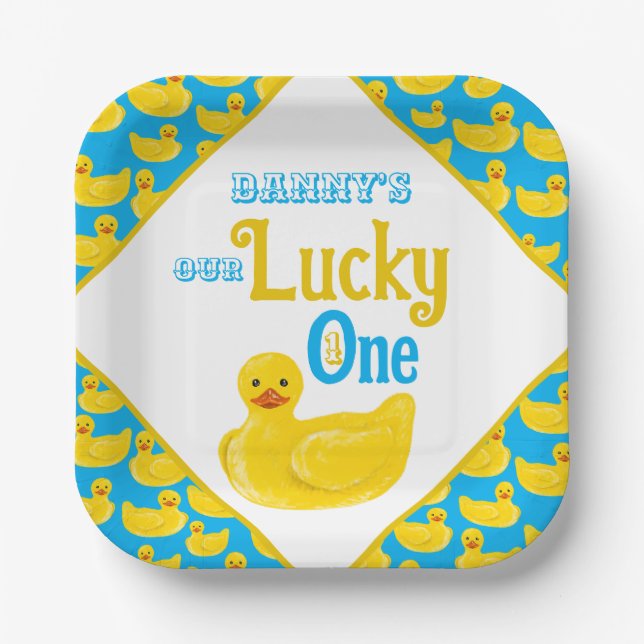 Just Ducky Lucky One First Birthday Invitation Paper Plates (Front)