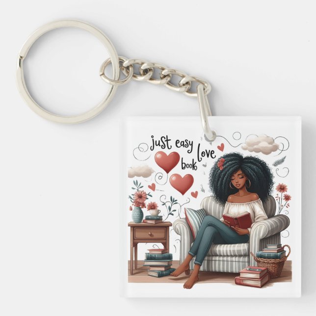Just Easy Love Book, African American Girl Reading Keychain (Front)